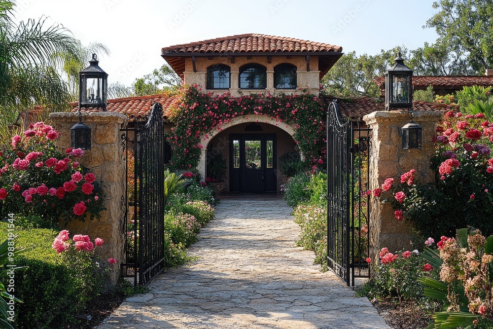 Fototapeta premium Luxurious mediterranean villa hiding behind ornate iron gate