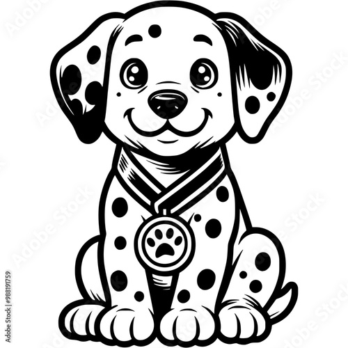 Dalmatian puppy winner of dog show sits with champion medal on neck in monochrome. Simple minimalistic vector in black ink drawing on transparent background