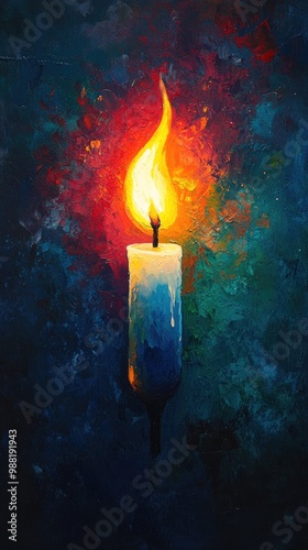 Burning candle illuminating a dramatic colorful oil painting background