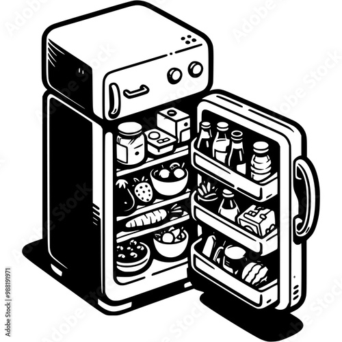 Refrigerator with open door filled with food in monochrome. Home food storage device. Simple minimalistic vector in black ink drawing on transparent background