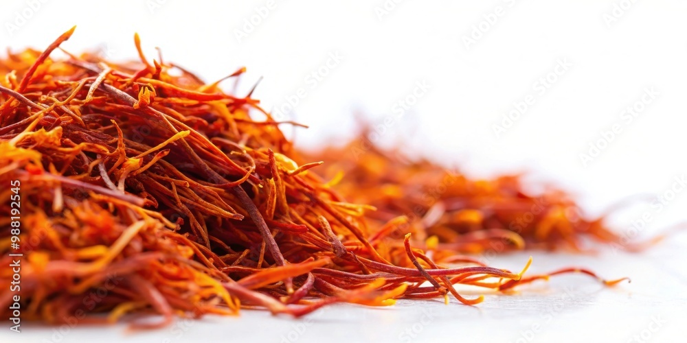 Fototapeta premium Vibrant saffron threads on a white background, spice, herb, cooking, ingredient, gourmet, yellow, fragrant, expensive