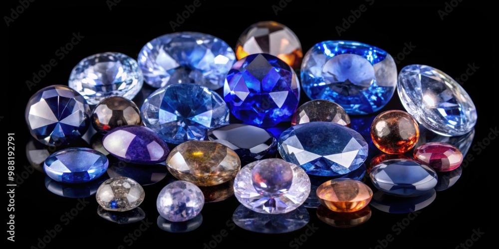 Natural sapphire gems on black shine background, collection of various gemstones, natural, sapphire, gemstone, jewel Natural sapphire gems on black shine background, collection of various gemstones, natural, sapphire, gemstone, jewel