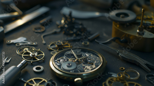 Wallpaper Mural Intricate dismantled mechanical watch with detailed gears and springs on dark background, symbolizing precision and complexity in teardown analysis. Torontodigital.ca