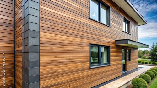Wood texture composite cladding installation on house facade featuring WPC exterior wall siding panels, wood, texture