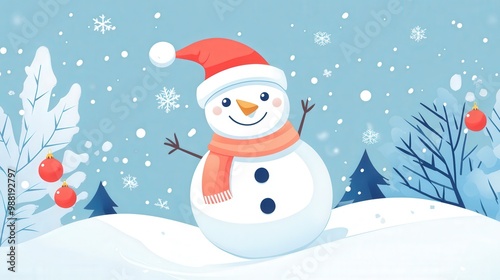 Cheerful Minimalist Christmas Snowman in 2D Flat Style Amid Pastel Colors on Transparent Background