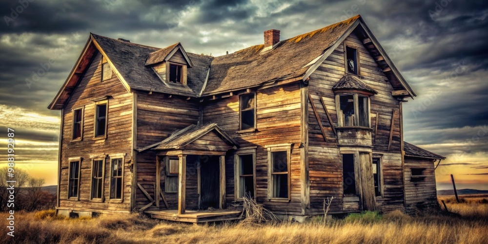 A spooky old abandoned wooden house with broken windows and a crumbling roof, abandoned, spooky, wooden, house, damaged A spooky old abandoned wooden house with broken windows and a crumbling roof, abandoned, spooky, wooden, house, damaged