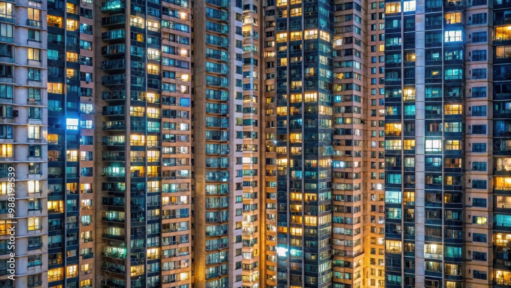 Fototapeta premium Night view of glowing windows in a high-rise apartment building in Hong Kong, Hong Kong, high-rise, apartment, building