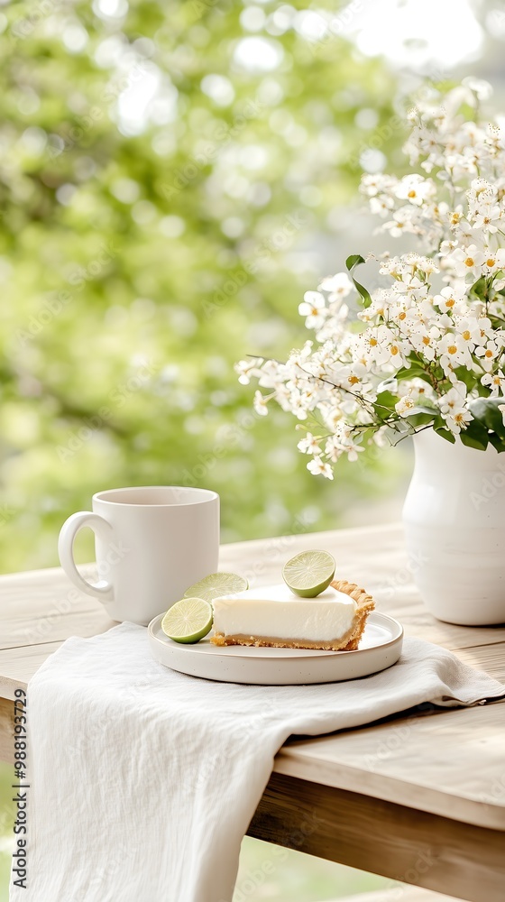 Classic Key Lime Pie Natural Setting Picnic Table Blooming Flowers Classic Key Lime Pie Natural Setting Picnic Table Blooming Flowers