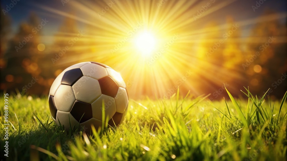 Fototapeta premium Soccer ball in grass with shaft of sunlight, soccer, ball, grass, sunlight, sports, outdoor, field, green, recreation, leisure