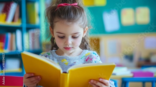 Child in school library. Kids reading books.