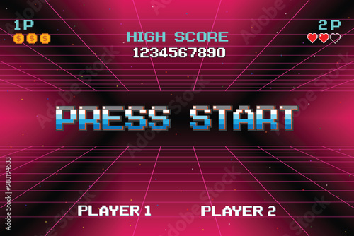PRESS START. pixel art .8 bit game. retro game. for game assets .Retro Futurism Sci-Fi Background. glowing neon grid. and stars from vintage arcade computer games