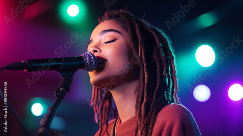 Singer performing on stage with vibrant lights and microphone, showcasing passion and creativity. photo