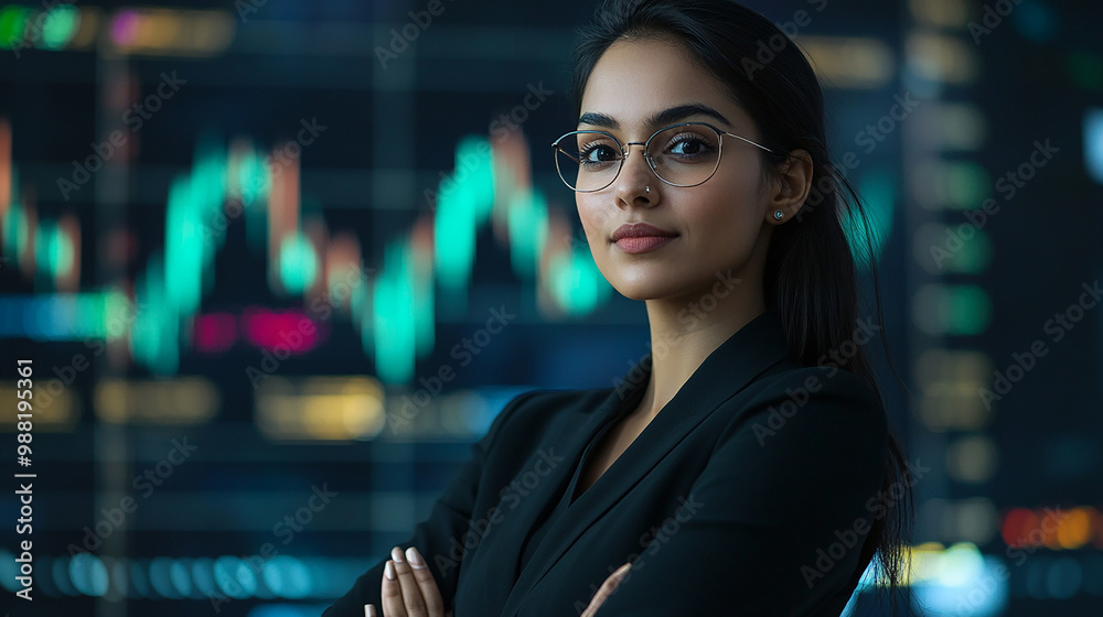 Indian businesswoman standing confidently with stock market graphs in the background modern portrait financial analysis
