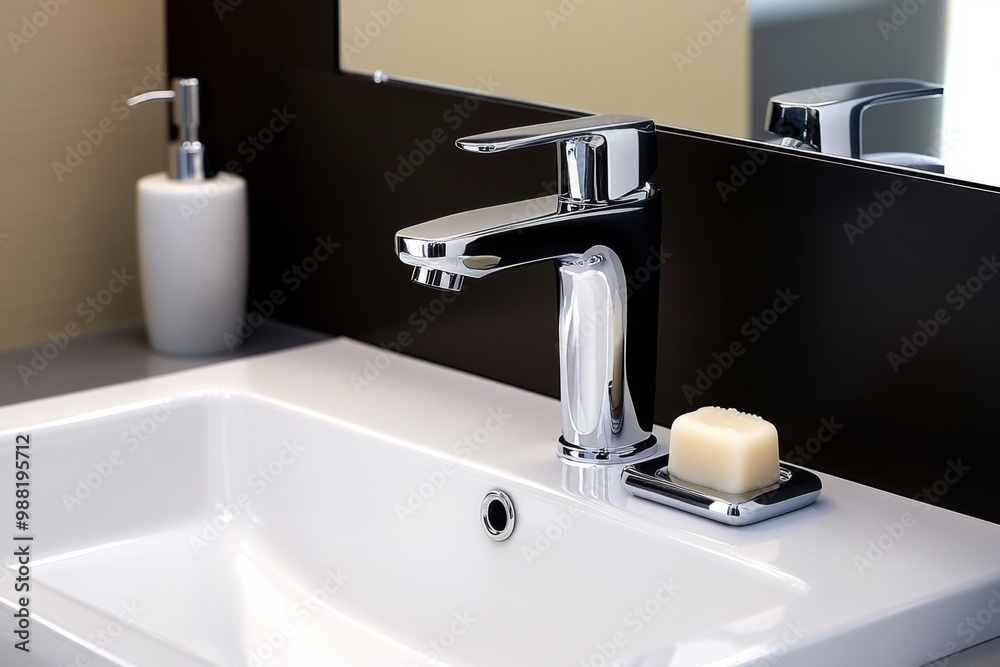 A modern minimalist bathroom sink, with a single soap dish and a simple chrome faucet A modern minimalist bathroom sink, with a single soap dish and a simple chrome faucet