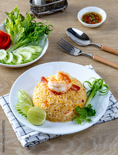 Shrimp fried ricei put in a white plate on the wooden table photo