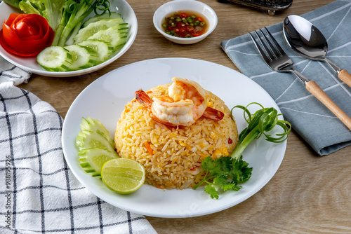 Shrimp fried ricei put in a white plate on the wooden table photo