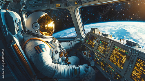 Astronaut inside spaceship cabin, looking out the window at Earth, exploring the universe from a rocket shuttle, future of space travel and technology in a cosmic background photo