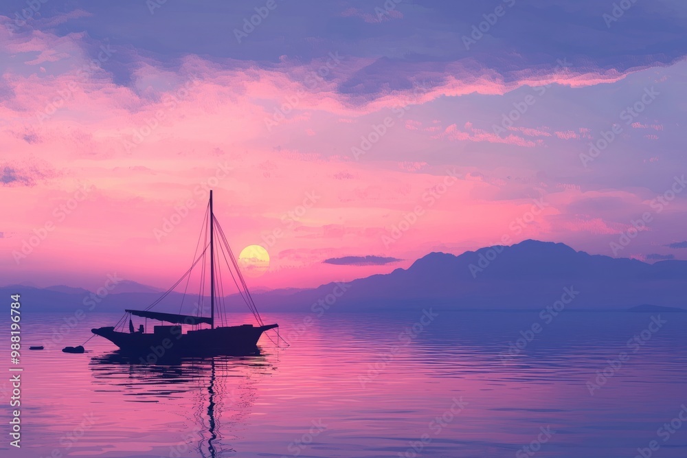 Fototapeta premium A Peaceful Boat Gently Floating On Calm Waters Under A Soft Sunset Sky, Creating A Serene And Cozy Atmosphere. Cozy Vibe, Generative AI 