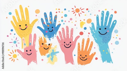 Colorful Hand Illustrations with Smiley Faces on a Transparent Background - Vibrant Paint, Minimalist Design, Pastel Colors