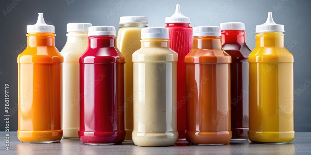 Close up of plastic bottles containing ketchup, mayonnaise, and mustard without labels, condiments, plastic bottles Close up of plastic bottles containing ketchup, mayonnaise, and mustard without labels, condiments, plastic bottles