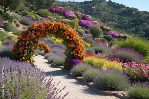 Lush Hilltop Flower Garden with Vibrant Blooms and Serene Lavender Decor