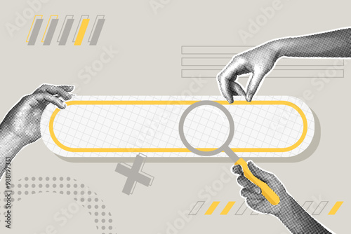 Modern halftone collage. The concept of finding information on the internet. Trendy halftone hand with magnifying glass and search bar. 