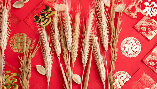 Festive atmosphere of Lantern Festival, Fukuji and wheat ears convey blessings. photo