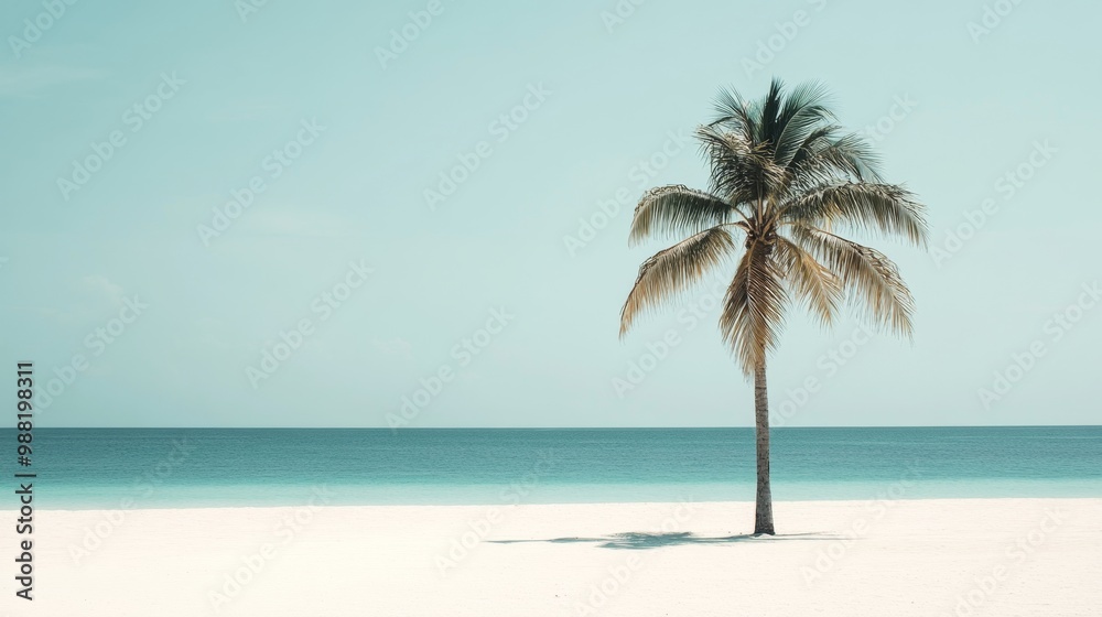 Serene Seaside Solitude - Tranquil Beach with Lone Palm Tree, Zen Sand and Calm Ocean View Serene Seaside Solitude - Tranquil Beach with Lone Palm Tree, Zen Sand and Calm Ocean View