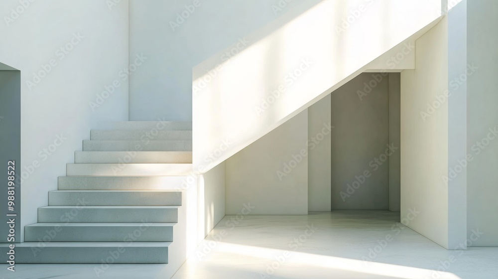 Obraz premium Serene Minimalist Staircase with Clean Lines and Soft Shadows in Quiet Home