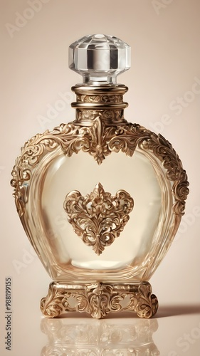 Classic vintage perfume bottle with ornate details, placed on a soft, cream-colored background
