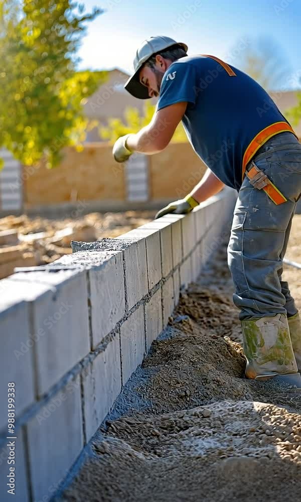 Building a retaining concrete block wall with a man levelling tool on a newly acquired property Building a retaining concrete block wall with a man levelling tool on a newly acquired property