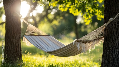 Hammock between trees, sunny outdoor scene photo