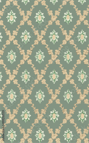 Vintage floral wallpaper pattern with gold leaves and green flowers on a green background.