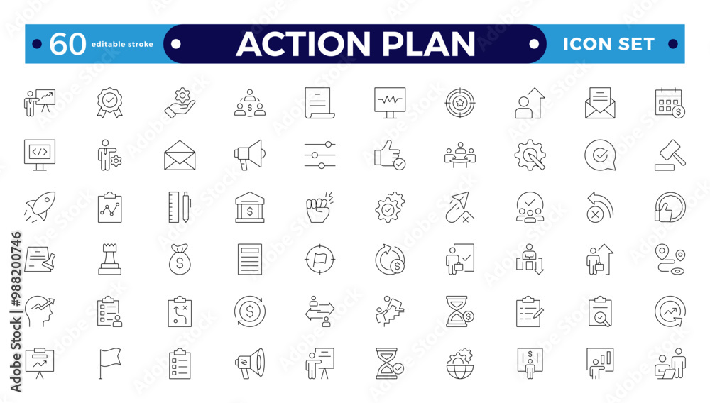 Action plan outline icon set. Containing planning, schedule, strategy, analysis, tasks, goal, collaboration, startup, steps, target, and objective icons. Editable stroke outline icon. Action plan outline icon set. Containing planning, schedule, strategy, analysis, tasks, goal, collaboration, startup, steps, target, and objective icons. Editable stroke outline icon.