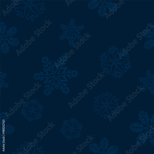 Various snowflake hand drawn childish style seamless pattern on navy blue background graphic illustration. Merry Christmas gift wrapping paper template.