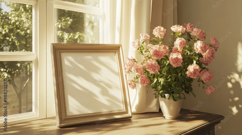 Elegant country-style frame mockup on a table with fresh flowers, showcasing neutral tones and delicate aesthetics Elegant country-style frame mockup on a table with fresh flowers, showcasing neutral tones and delicate aesthetics