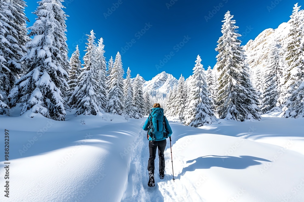 A traveler hiking through a snow-covered forest, with towering pine trees and a clear blue sky above A traveler hiking through a snow-covered forest, with towering pine trees and a clear blue sky above