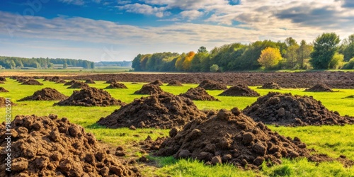 Agricultural field covered in heaps of animal manure for soil fertilization , manure, animal, agriculture, field, fertilization