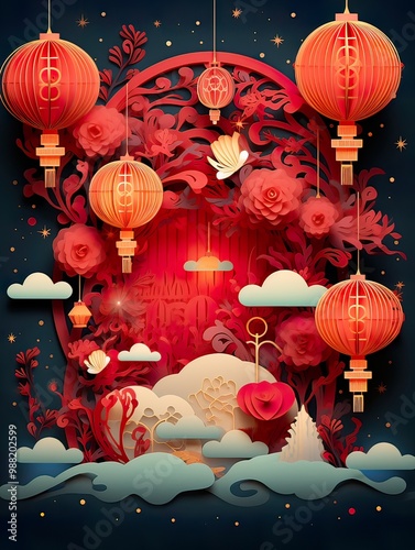 3d paper cut invitation card paper cut style for  Chinese New Year in festival Lantern illustration paper art card
