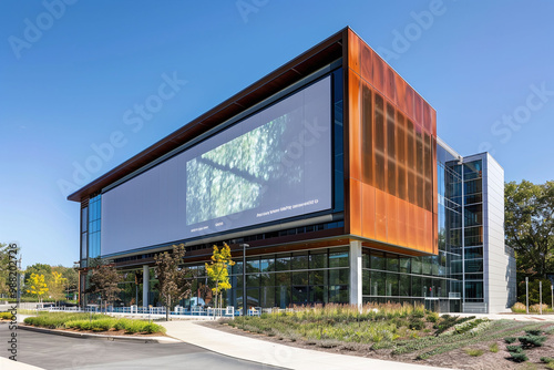 a modern building with a large billboard