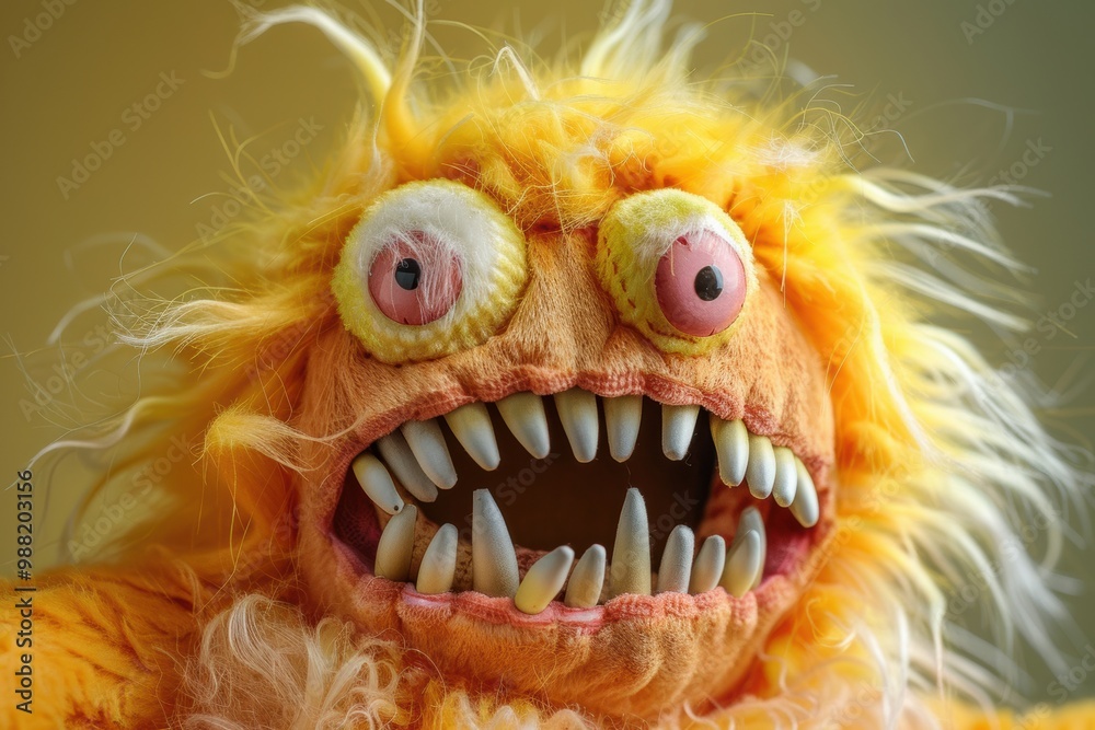 Obraz premium This vibrant and quirky yellow furry monster puppet with large eyes and sharp teeth brings humor and fun to marketing campaigns.