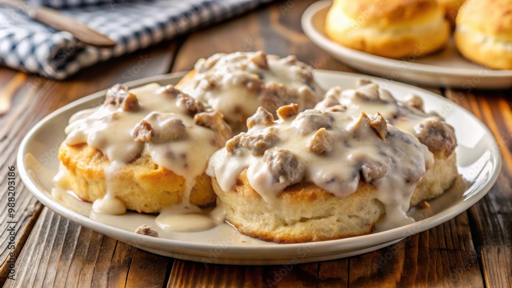 Delicious biscuits and gravy topped with sausage gravy, comfort food, southern cuisine, breakfast, brunch, homemade, savory Delicious biscuits and gravy topped with sausage gravy, comfort food, southern cuisine, breakfast, brunch, homemade, savory