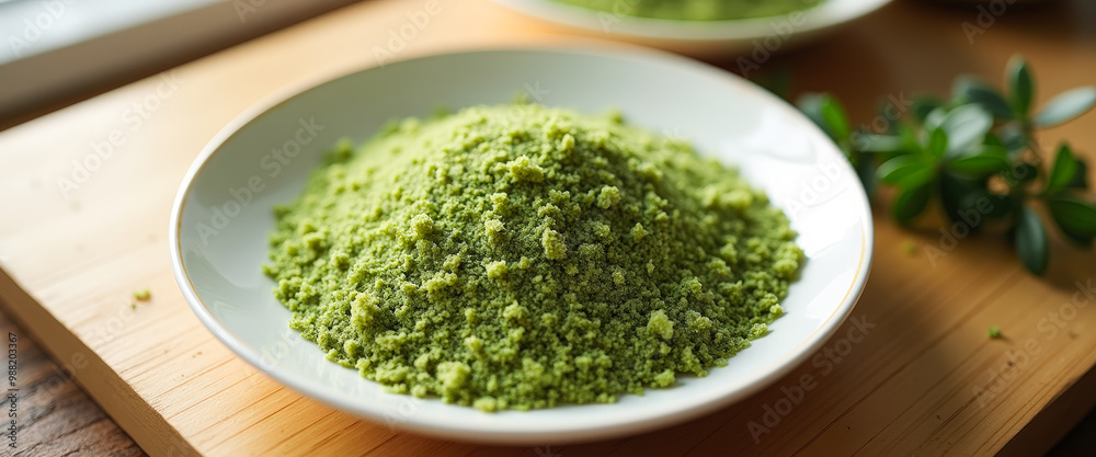 Close-up of Green Powder in White Dish on Wooden Surface Close-up of Green Powder in White Dish on Wooden Surface