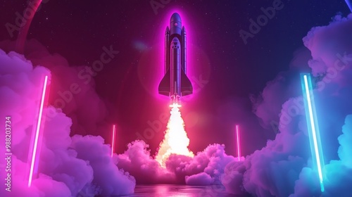 Rocket taking off with neon lights background, 3d Rendering AI generated image