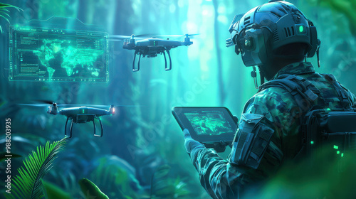 soldier operates advanced drones in lush, green jungle environment, showcasing integration of technology in modern warfare. scene highlights use of digital interfaces and surveillance capabilities