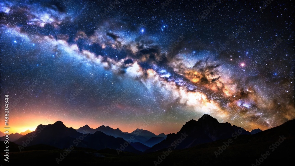 Milky way galaxy with silhouette of mountains in foreground, astrophotography, night sky, stars, nature, mountain range Milky way galaxy with silhouette of mountains in foreground, astrophotography, night sky, stars, nature, mountain range