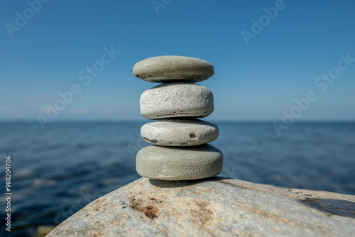 Handmade craft soap in the shape of stones on the seashore or lake. The image of organic cosmetics in the natural environment