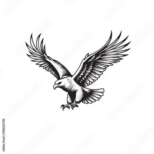 a black and white drawing of an eagle flying
