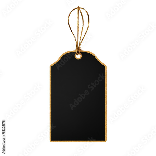 Black tag with gold border and string for labeling items