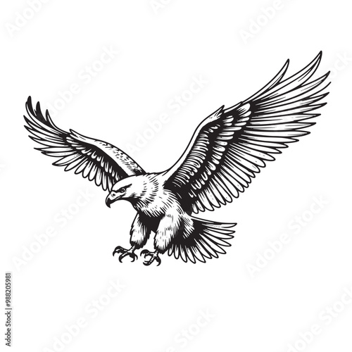a black and white drawing of an eagle flying 